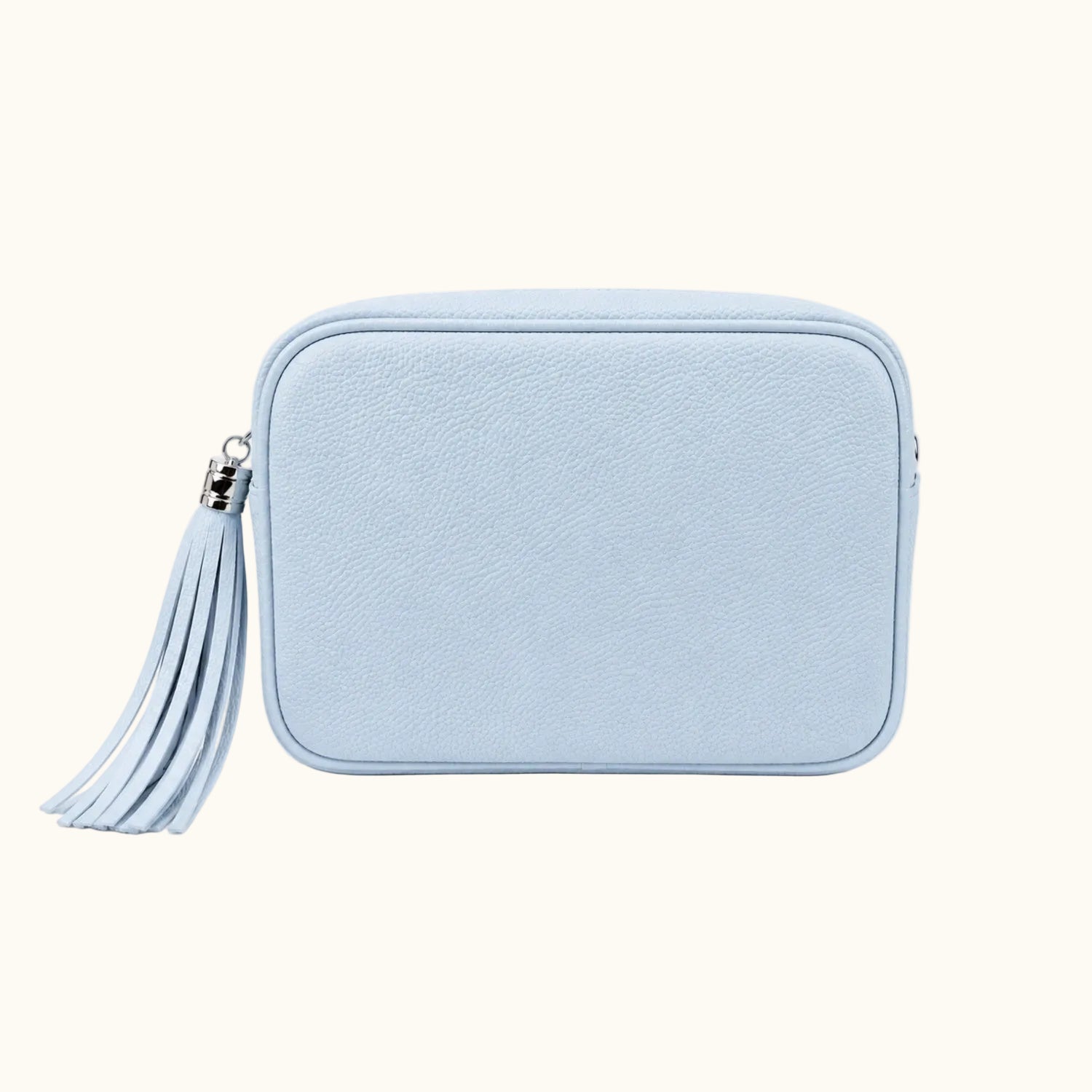 Light blue rectangular pouch with a tassel on a white background