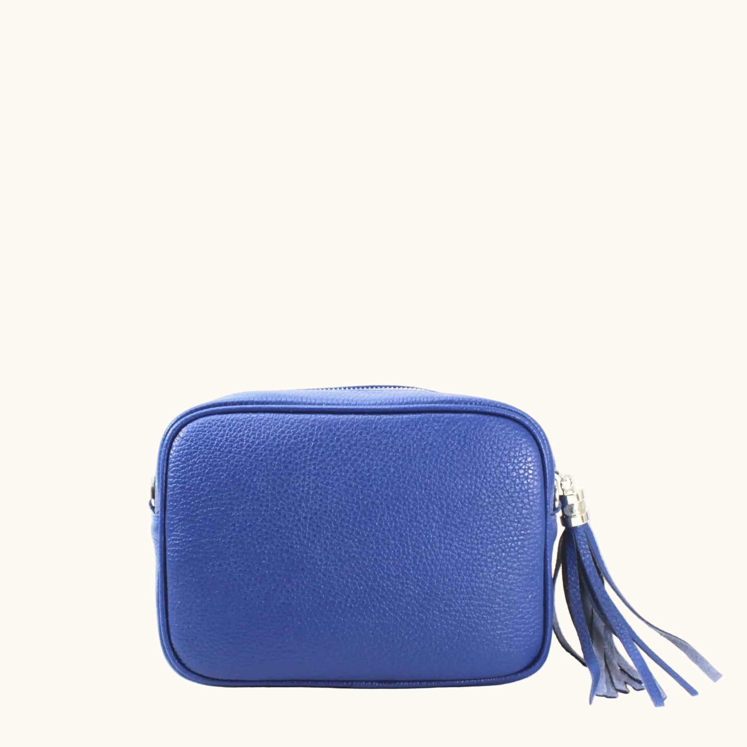 Blue leather pouch with a tassel on a white background
