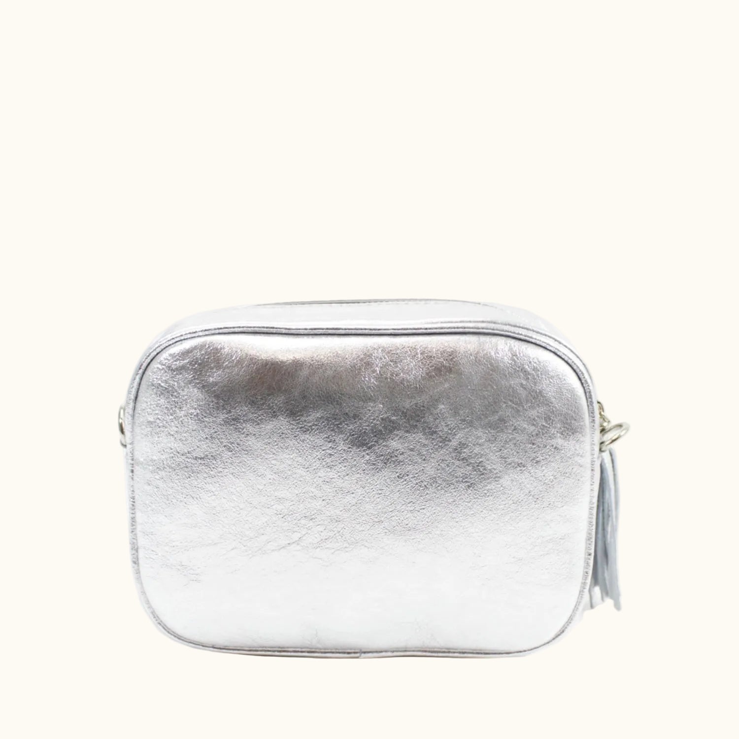 Silver rectangular pouch on a white background