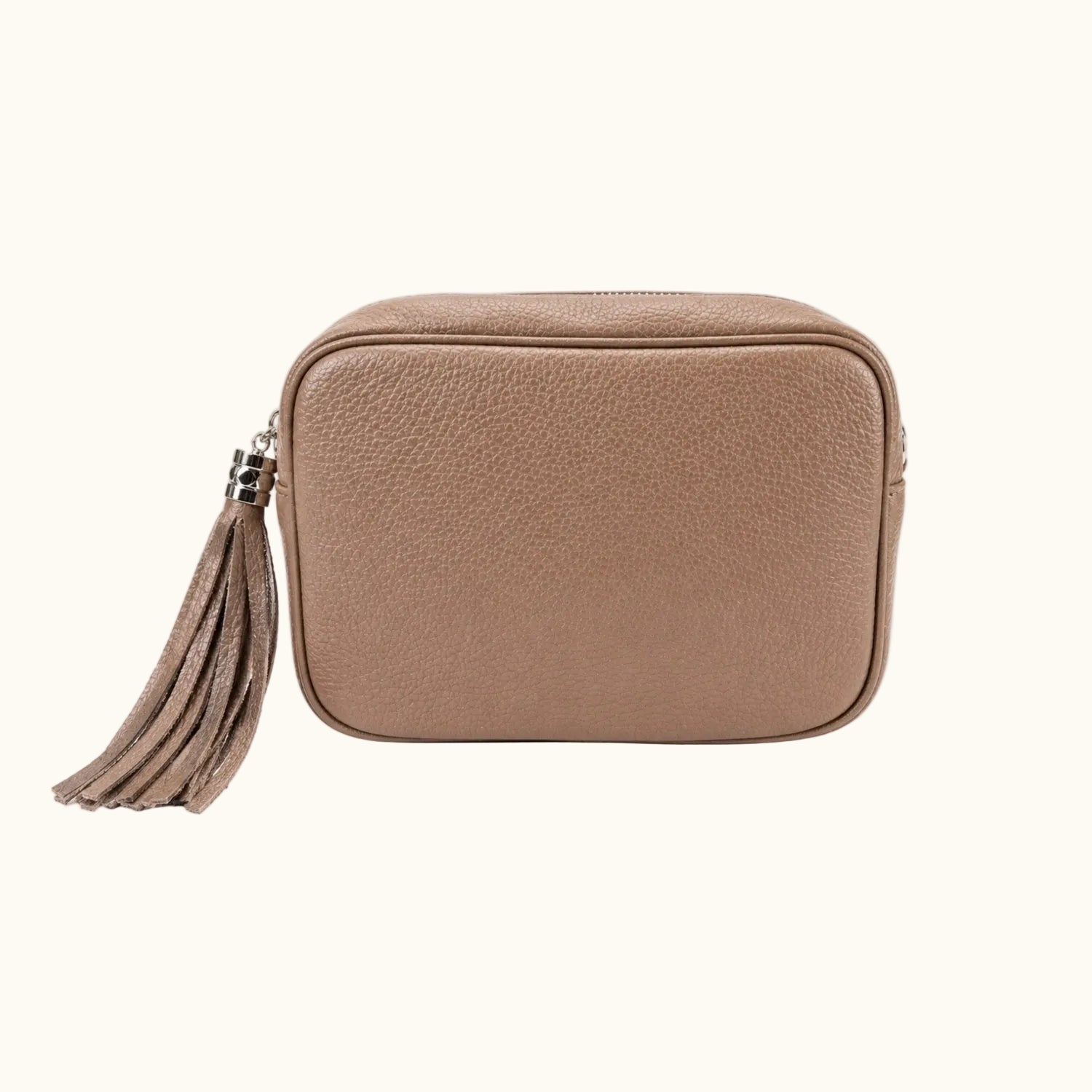 Brown leather pouch with a tassel on a white background
