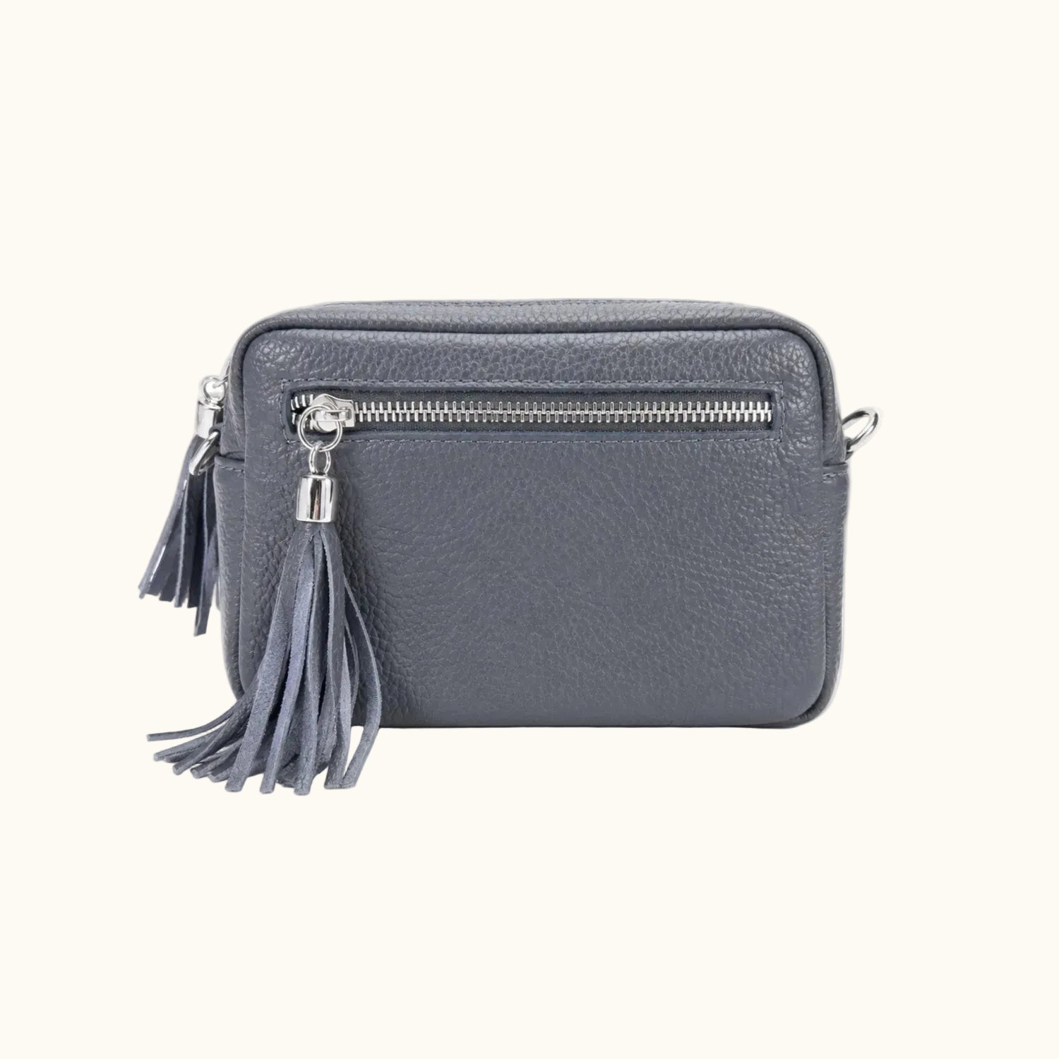 Gray handbag with tassel on a white background
